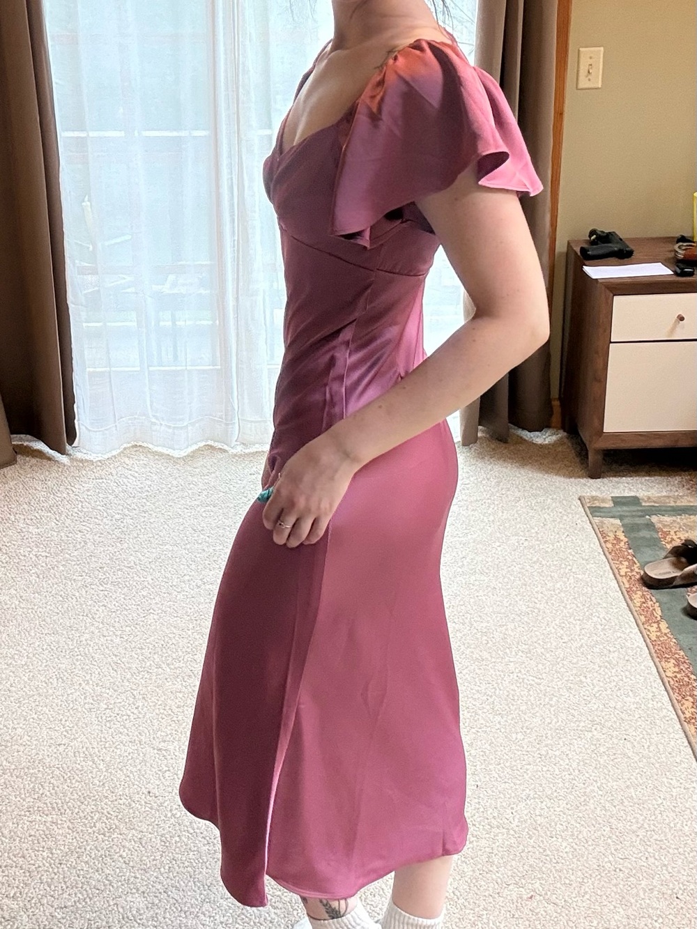 Deep Pink Flutter-Sleeve Midi Dress - Women's Wedding Guest Dress